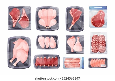 Frozen meat. Vector set of fresh raw meat, poultry product in plastic package with beef steak, sausages, chicken, bacon in polyethylene transparent wrap. Tray pack for grocery market. Meat trays