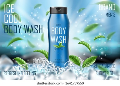 Frozen men body wash gel with mint leaves and ice cubes elements. Realistic body wash ad for cosmetic advertising poster design. 3d vector illustration