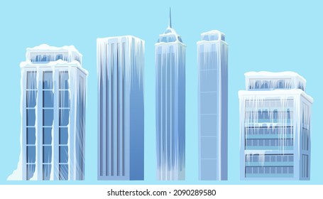 Frozen modern city. Ice age. Town, mountains of snow and buildings. Set skyscrapers after storm. Aftermath of natural disaster, snowfall. Cartoon game vector illustration.