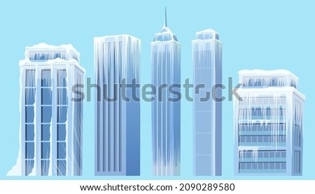 Frozen modern city. Ice age. Town, mountains of snow and buildings. Set skyscrapers after storm. Aftermath of natural disaster, snowfall. Cartoon game vector illustration.