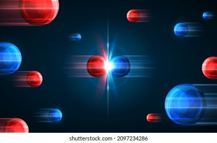 Frozen moment of red and blue particles collision. Vector illustration. Atom explosion concept. Abstract molecules impact on black background. Atomic energy power blast, electrons protons collide