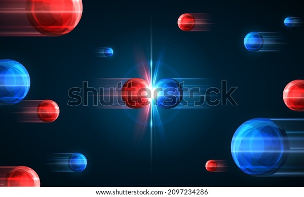 Frozen moment of red and blue particles\
collision. Vector illustration. Atom explosion concept. Abstract\
molecules impact on black background. Atomic energy power blast,\
electrons protons\
collide