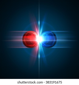 Frozen moment of two particles collision with red and blue light. Vector illustration. Explosion  concept. Abstract molecules impact on black background. Atomic Power. Nuclear reactions.