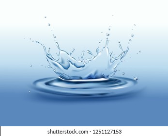 Frozen motion splash crown with droplets and waves on calm water surface realistic vector illustration. Pure drink freshwater source, clean environment and ecology concept Natural product presentation