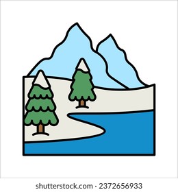 Frozen mountain lake icon. Snowy highlands. Icy hills. Arctic landscape. Winter vacation destination. vector illustration on white background