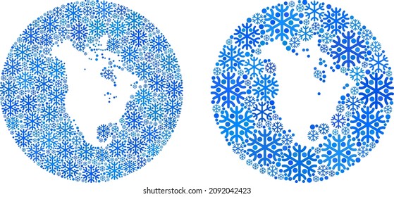 Frozen North America v2 map mosaic is created with sphere and carved shape. Vector North America v2 map mosaic of snow particles in variable sizes and blue color hues.