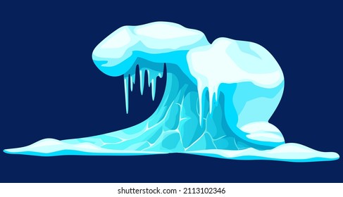 Frozen ocean high wave in north. Blue tsunami, sea storm, splash water in winter. Ice age. Aftermath of natural disaster. Vector isolated illustration.