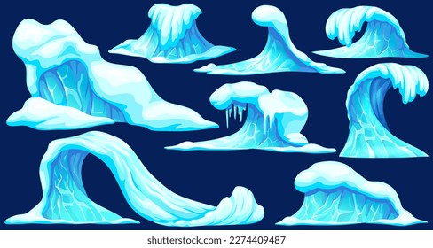 Frozen ocean high waves in north. Blue tsunami, sea storm, splash water in winter. Ice age. Aftermath of natural disaster. Set vector isolated elements for computer games.