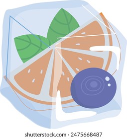Frozen orange slice blueberry mint leaves ice cube. Citrus fruit refreshment concept