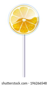 Frozen orange slice in ice on stick.