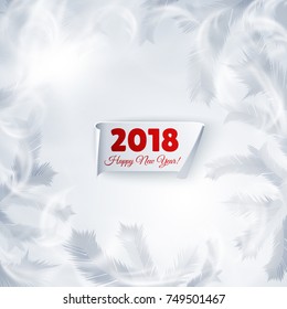 Frozen ornament window template winter background with paper ribbon and 2018 text. Can be used New Year holidays. Vector EPS10.