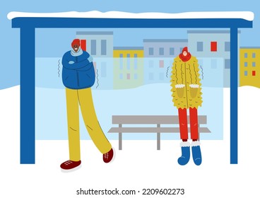 Frozen people waiting for bus for long time. Man and woman character on bus stop in cold winter. Persons are shivering in the cold. Cartoon flat vector illustration