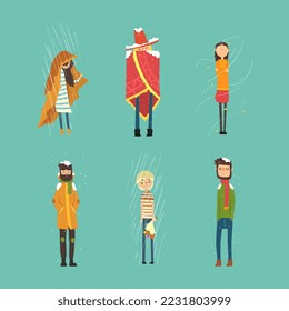 Frozen people in warm clothes walking in heavy rain and snowfall set vector illustration