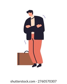 Frozen person with briefcase shivers for cold weather. Sad business man in coat is shaking for frost. Businessman in winter clothes freezes. Flat isolated vector illustration on white background