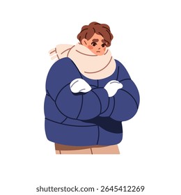Pessoa congelada em outerwear, mitenes, calafrios de cachecol do tempo frio. Triste homem de roupas quentes congela no inverno. Mulher de casaco treme de baixa temperatura. Ilustração de vetor isolado plano em branco