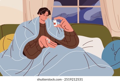 A pessoa congelada sob o cobertor retém o recipiente plástico do remédio. Personagem doente com pílulas nas mãos tem um descanso na cama. Homem doente congela e aquece em casa com tempo frio. Ilustração de vetor plano