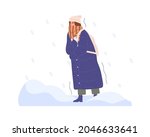 Frozen person walking in cold winter weather with heavy snow and snowflakes. Woman wrapped in scarf freezing and shivering from frost outdoors. Flat vector illustration isolated on white background