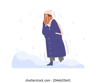 Frozen person walking in cold winter weather with heavy snow and snowflakes. Woman wrapped in scarf freezing and shivering from frost outdoors. Flat vector illustration isolated on white background