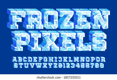 Frozen Pixels alphabet font. 3D ice letters and numbers. Stock vector 80s arcade video game typescript.