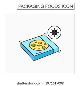 Frozen pizza color icon. Tasty food in carton box. Protection, tampering resistance from bacteria. Packing food concept. Isolated vector illustration