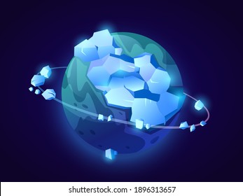 Frozen planet with orbit, icebergs and icy peaks. Fantasy celestial body in outer space, universe exploration or fiction. Constellation or meteor floating in cosmos. Cartoon vector in flat style