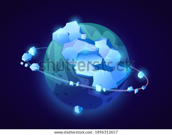 Frozen planet with orbit, icebergs and icy peaks.\
Fantasy celestial body in outer space, universe exploration or\
fiction. Constellation or meteor floating in cosmos. Cartoon vector\
in flat style