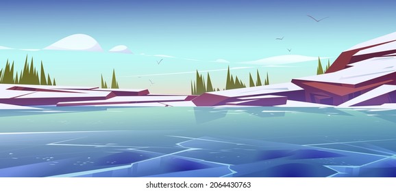 Frozen pond or lake scenery nature landscape. Winter view with rocks, fir-trees and gulls in blue sky. Water surface covered with slippery ice tranquil panoramic background Cartoon vector illustration