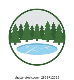 Frozen pond surrounded by pine trees in circular icon.