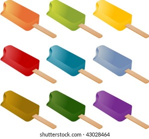 Frozen popsicle ice cream lolly treats many different colors