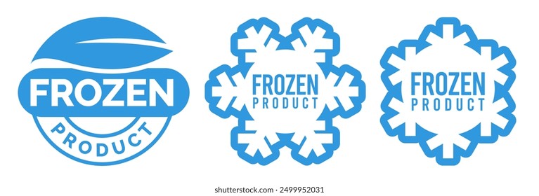 Frozen product food package label. Fresh frozen food product icon logo, badge, sticker, emblem, stamp, symbol, black, line circle, flat vector, isolated illustration. Snowflake icon.