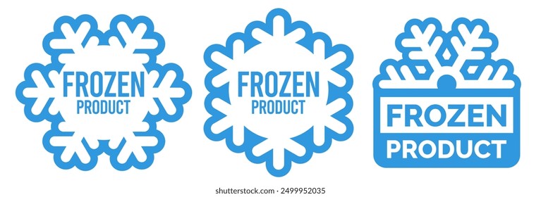 Frozen product food package label. Fresh frozen food product icon logo, badge, sticker, emblem, stamp, symbol, black, line circle, flat vector, isolated illustration. Snowflake icon.