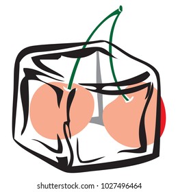 Frozen product, ice cube with cherry. Vector illustration.