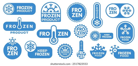 Rótulo do produto congelado. Mantenha ícones congelados com floco de neve, sorvete e pacote de carne, congelados alimentos refrigerados indicador de temperatura. Conjunto de vetores.