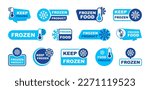 Frozen product label set. Keep frozen - badges for package product. Frozen food logo. Stickers with snowflake and thermometer. Storage in refrigerator and freezer. Vector illustration.