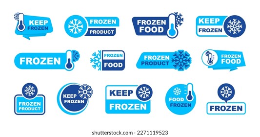 Conjunto de etiquetas de producto congelado. Mantener congelado - insignias para el producto de envase. Logo de comida congelada. Pegatinas con copo de nieve y termómetro. Conservación en nevera y congelador. Ilustración vectorial.