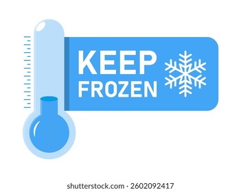Frozen product label set. Keep frozen snowflake and thermometer. Storage in refrigerator and freezer. Vector illustration