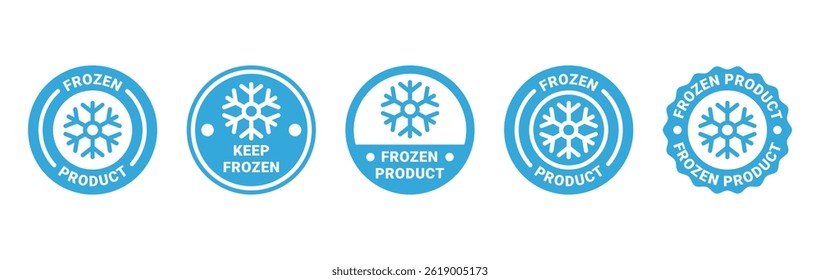 Frozen product label set vector illustration isolated on white background. Snowflake freezer emblem sticker stamp.