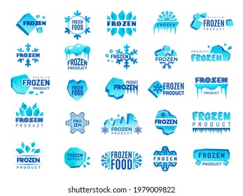 Frozen product logo. Snow and winter snowflakes from ice stylized symbols for logo design cold food temperatures recent vector templates collection set