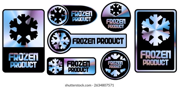 Frozen product stickers set with holographic background. Holographic labels for packaging products. Frozen food logos. Colorful frozen product badges. Fresh frozen product symbols. Vector illustration