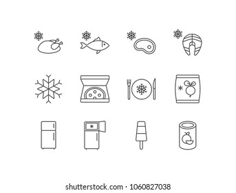 Frozen Products Line Icons Set With Chicken, Fish, Meat, Salmon, Snowflake, Pizza, Dinner, Vegetables, Refrigerator, Popsicle, Orange Juice.