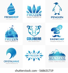 Frozen products logo collection. Conceptual symbols for term holding company or ice cream store and cafe. Bear, penguin, castle, crystal,chef, drop icons set.