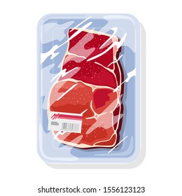 Frozen raw beef steak is on plastic tray under transparent food saran wrap. Meat product for barbeque, frying, roasting, grilling, boiling, baking. Vector cartoon illustration isolated on white.