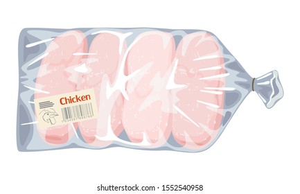 Gefroren rohe, entbeinte Hühnerbrüste ohne Haut in transparentem Plastikbeutel. Fleischzutaten zum Kochen von Grill, Kebab, Shashlik, hausgemachtes Fleisch. Vektorgrafik-Illustration einzeln auf Weiß.