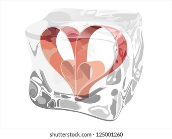 a frozen red heart as a symbol of frozen love, ice cubes with heart