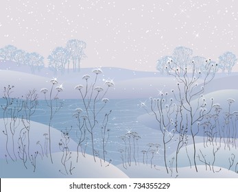 Frozen river among snow drifts with sticking dry herbs