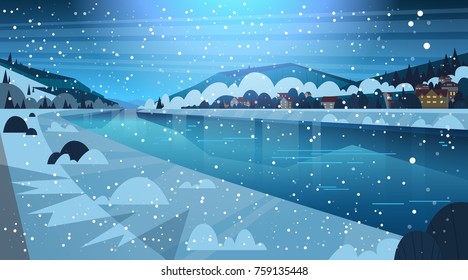 Frozen River Night View With Small Country Houses On Mountains Hills Winter Landscape Concept Flat Vector Illustration