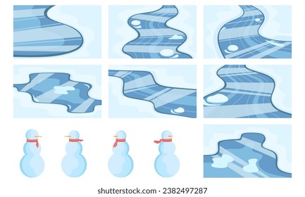 Río, libra o lago congelados. Fondo de patinaje sobre hielo. El paisaje montañoso y forestal. Hermosa naturaleza salvaje en la nieve, clima helado de diciembre. Ilustración vectorial plana