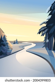 Frozen river at sunset. Winter scenery in vertical orientation.