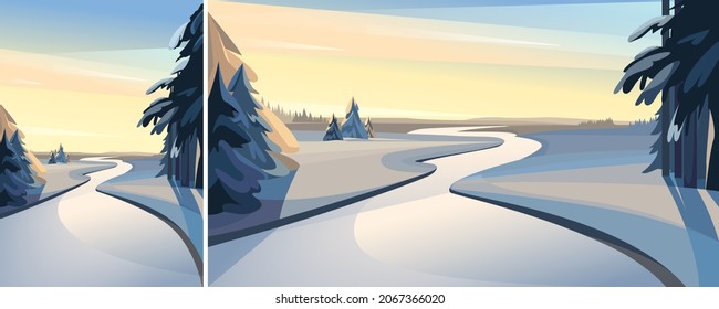 Frozen river at sunset. Winter scenery in different formats.