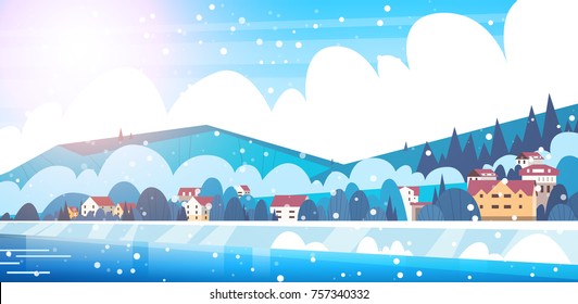 Frozen River View With Small Country Houses On Mountains Hills Winter Landscape Concept Flat Vector Illustration